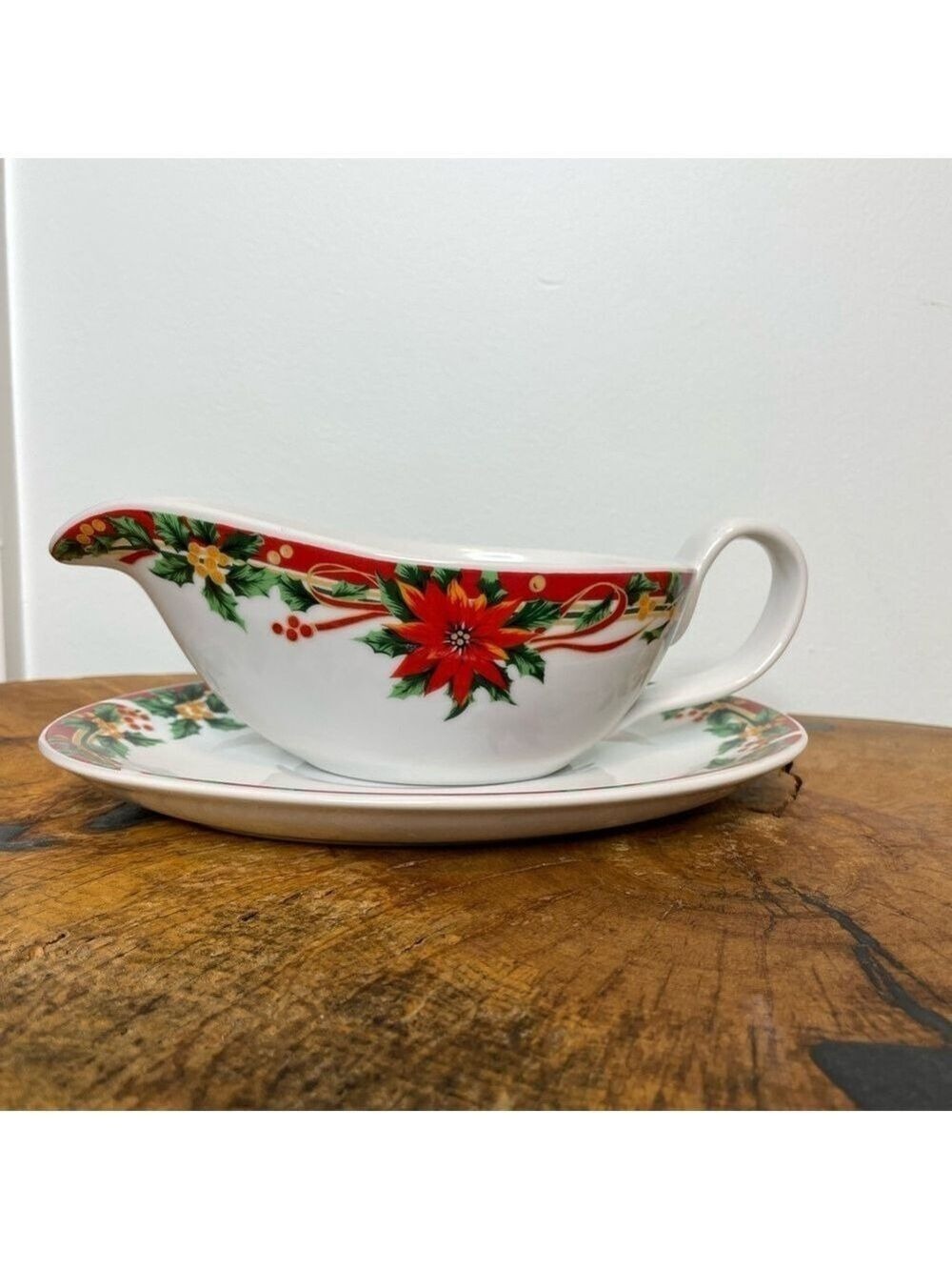 Vintage Christmas Poinsettia Sunflower Print Gravy Boat with Underplate